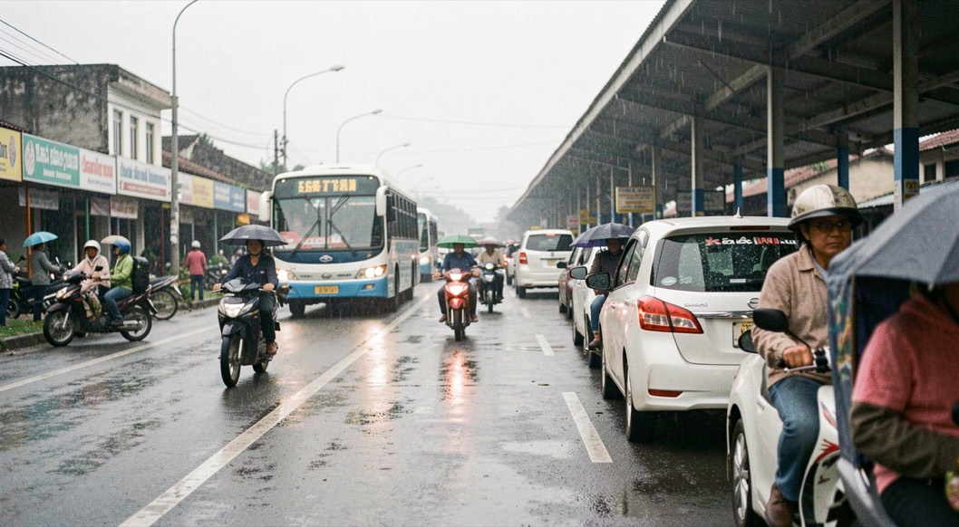Detail lapangan transportasi lokal dalam suasana cuaca musim